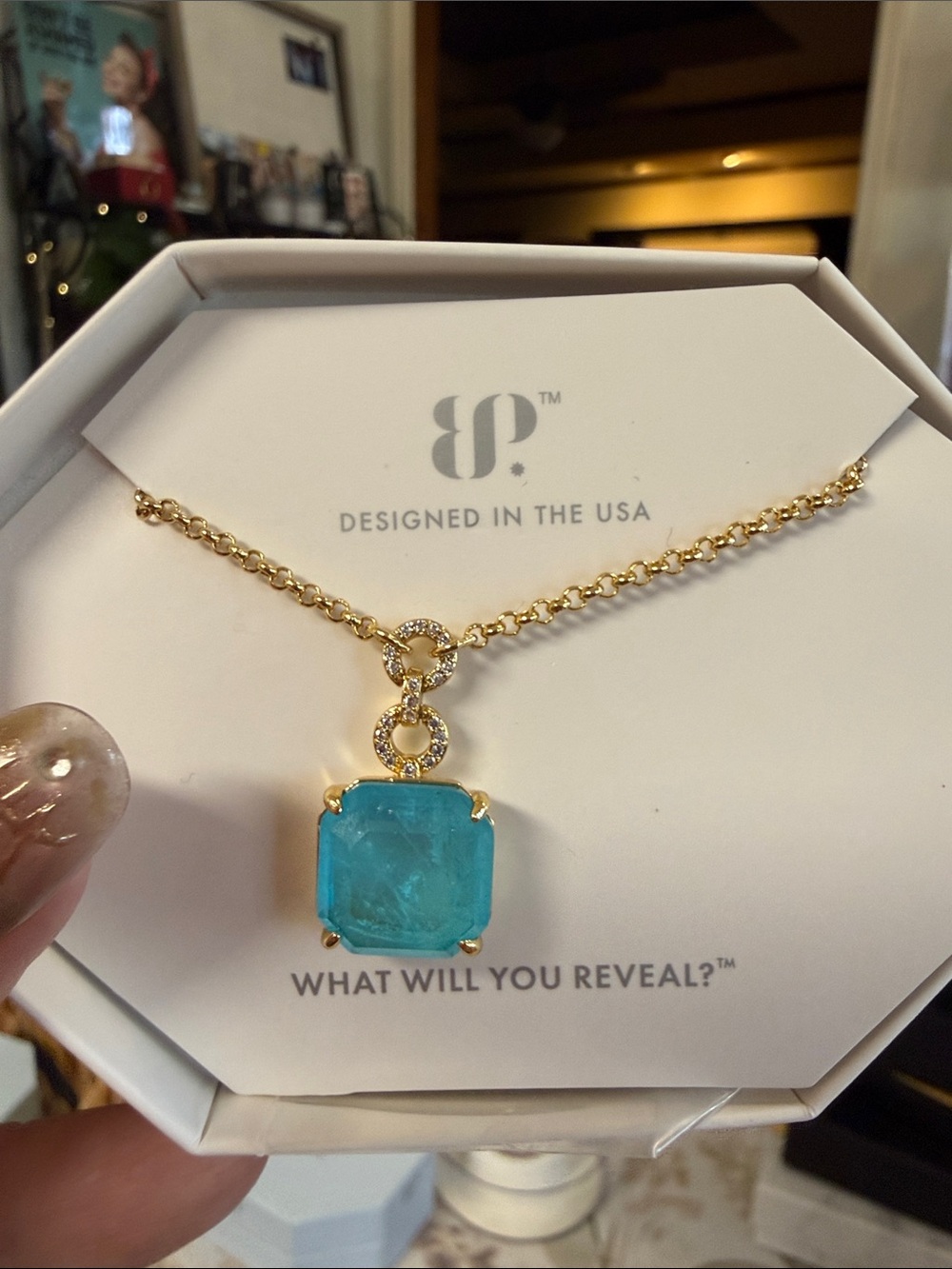 Gold Necklace with Bright Blue Square Pendant - Designed in the USA